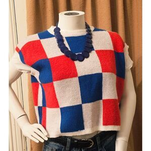 Retro-Inspired Color Block Knit Sweater Vest- Red, White & Blue Mod Magic